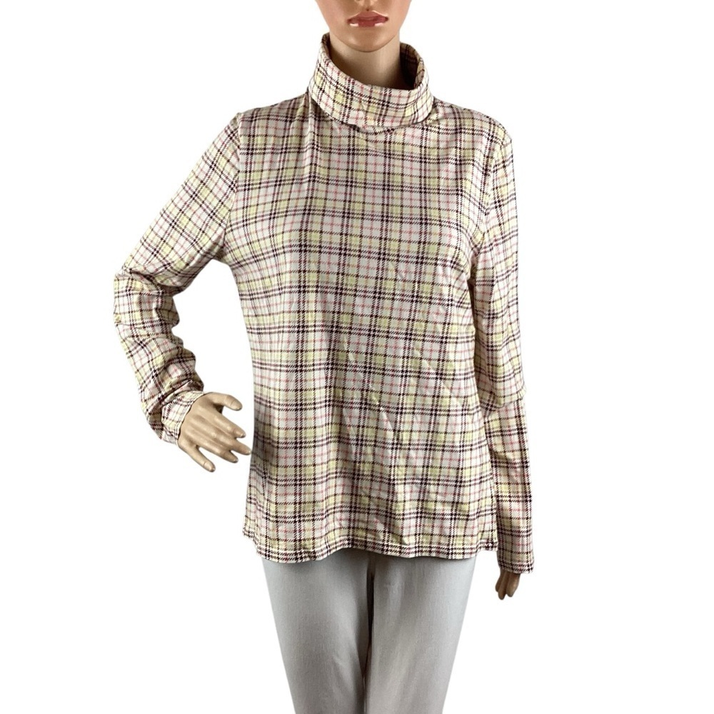 Talbots Plaid Funnel Neck Long Sleeve Top Size L Cotton Blend